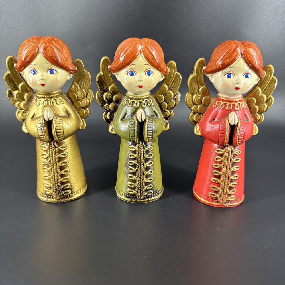 Vtg Colorful Christmas Praying Angels Paper Mache Big Eyes MCM Set Of 3 Japan